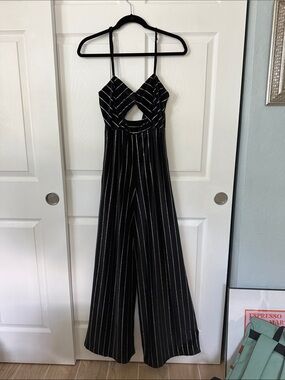 AGACI Black Velvet Stripe Wide Leg Jumpsuit Size Small
